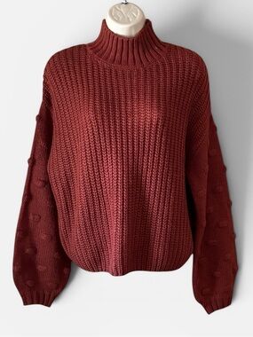 Moon And Madison Bobble Sleeve Mock Turtle Rust  Boxy Chunky Knit Sweater Size M